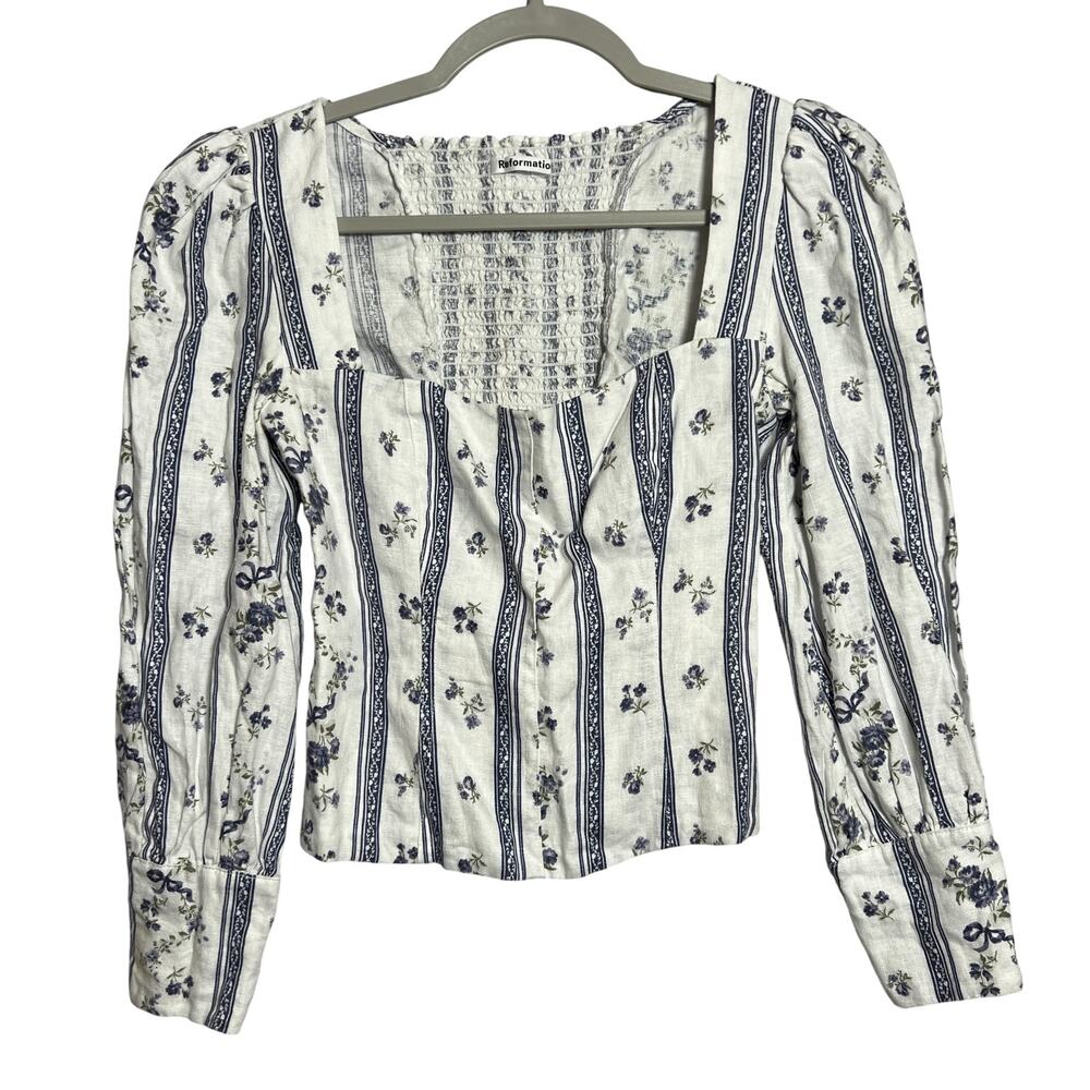 Reformation Linen Smocked Back Puff Sleeve Top Size 2 White Blue Floral USA